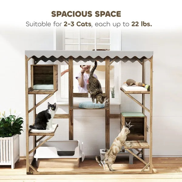 HKM-8289213 Expandable Outdoor Cat Enclosure with Multi-Level Platforms and Waterproof Roof for Multiple Cats