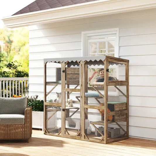 HKM-8289213 Expandable Outdoor Cat Enclosure with Multi-Level Platforms and Waterproof Roof for Multiple Cats