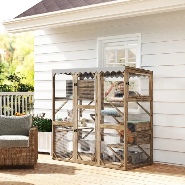 HKM-8289213 Expandable Outdoor Cat Enclosure with Multi-Level Platforms and Waterproof Roof for Multiple Cats