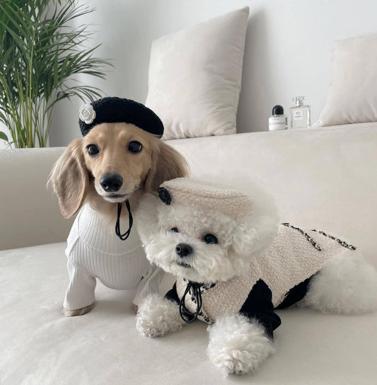 HKM-8290365 Fashionable Knitted Hat for Pets - Black and Beige, Designed for Comfort and Style, Head Circumference 40cm