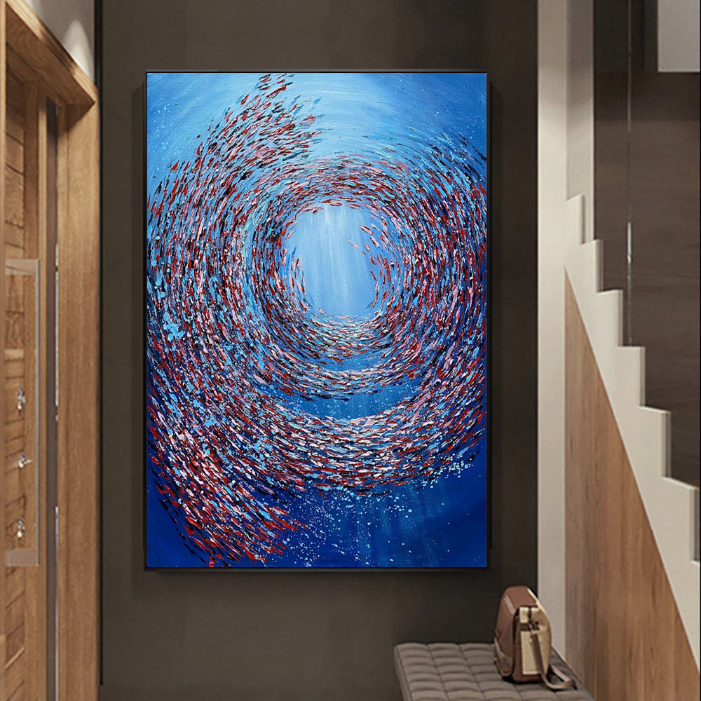 HKM-829139 Handmade Abstract Oil Painting on Canvas - Thick Textured Knife-Painted Fish Vortex Art for Home Decor