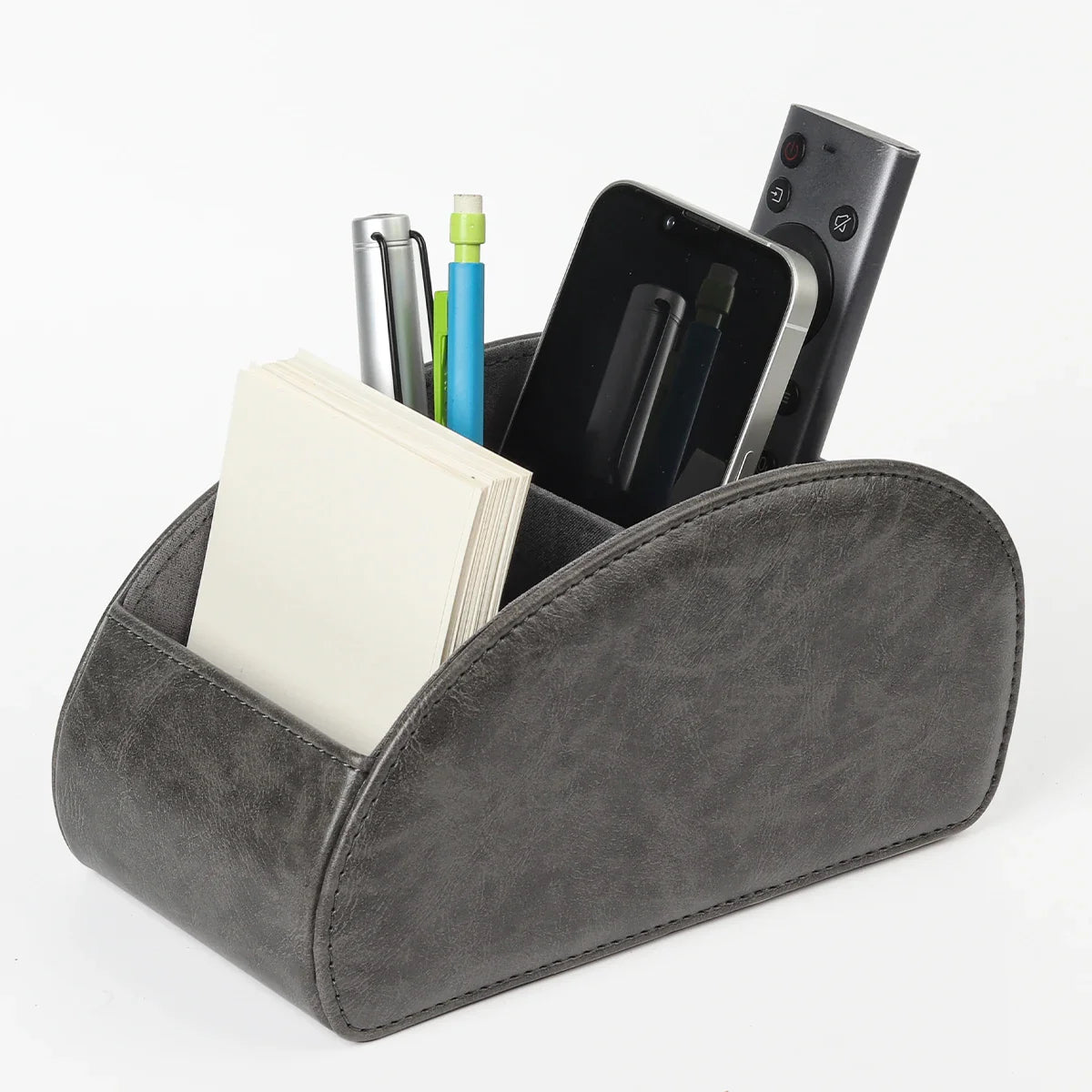 HKM-829715 Five-Compartment PU Leather Remote Control Holder for Organising and Desk Storage