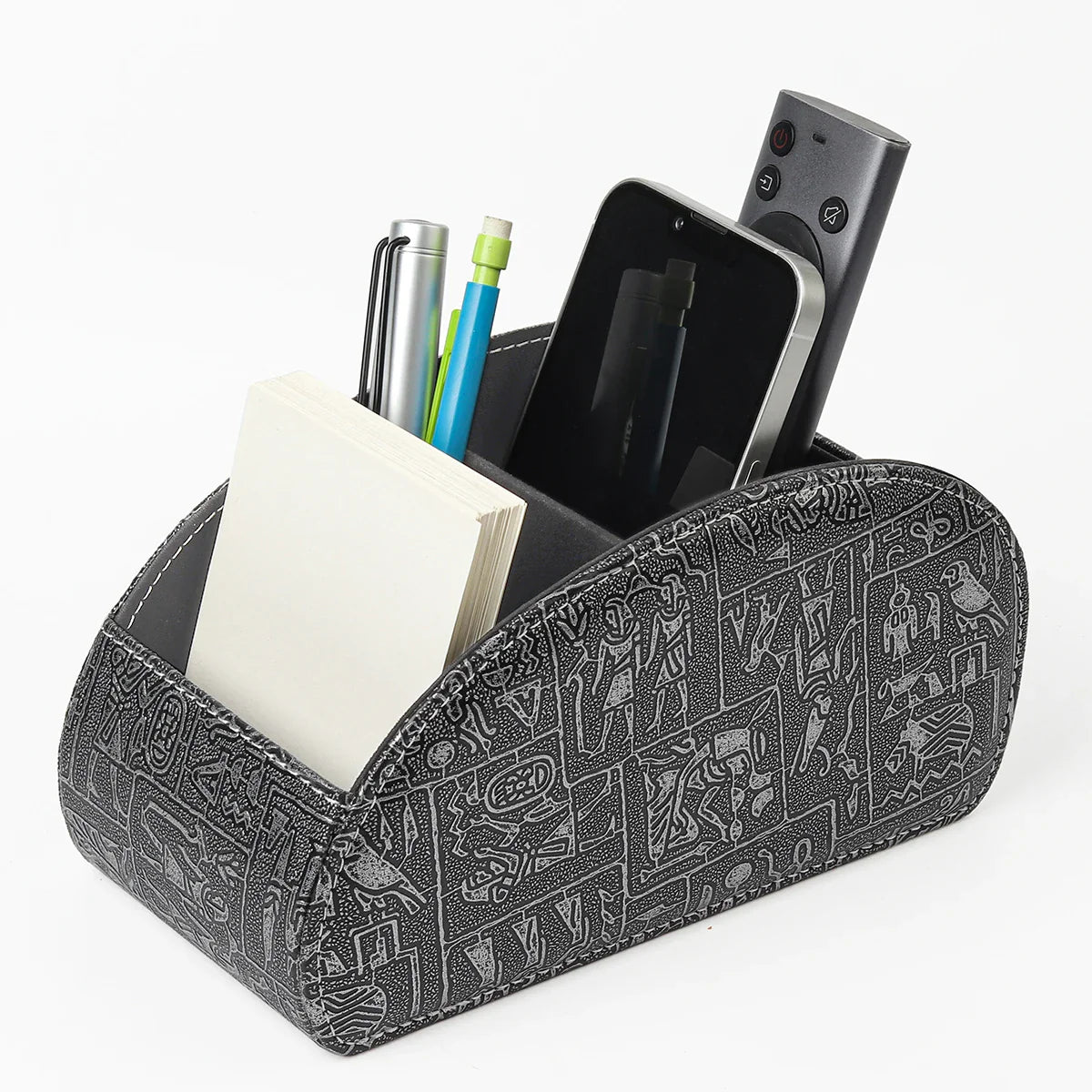 HKM-829715 Five-Compartment PU Leather Remote Control Holder for Organising and Desk Storage