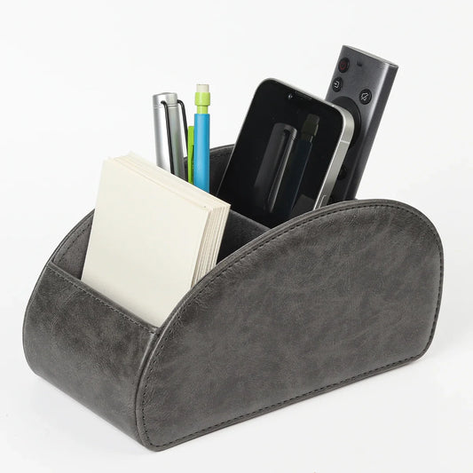 HKM-829715 Five-Compartment PU Leather Remote Control Holder for Organising and Desk Storage