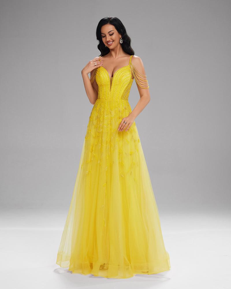 HKM-829907 Elegant Yellow Evening Gown for Women - Model EZ25201