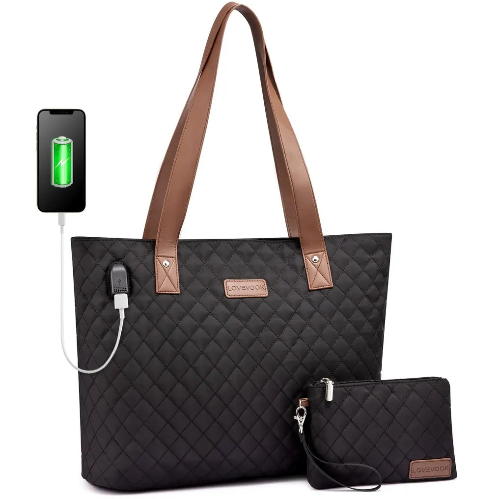 HKM-829907 Lightweight Oxford Casual School Bag for 15.6-inch Laptop, 2-piece Set Tote and Handbag for Work and School