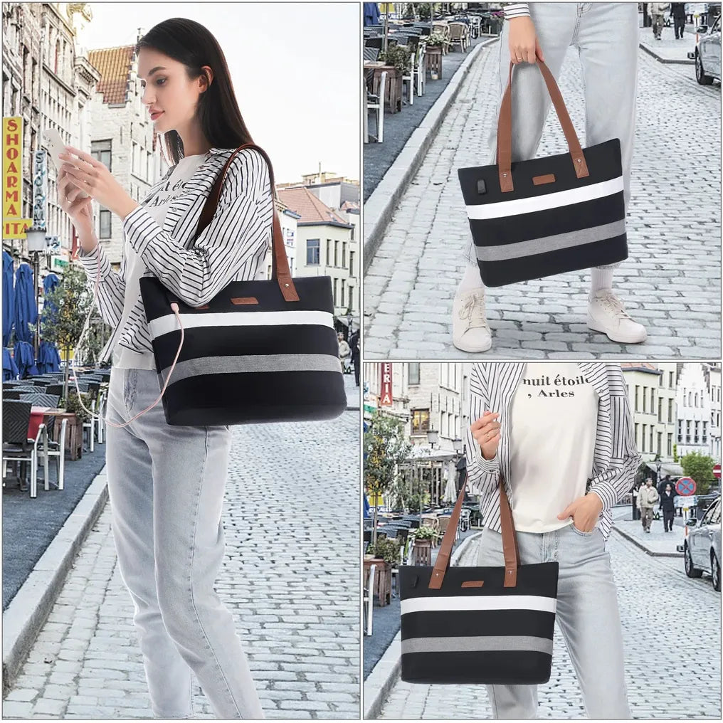 HKM-829907 Lightweight Oxford Casual School Bag for 15.6-inch Laptop, 2-piece Set Tote and Handbag for Work and School