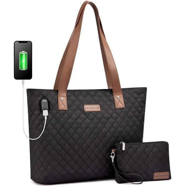 HKM-829907 Lightweight Oxford Casual School Bag for 15.6-inch Laptop, 2-piece Set Tote and Handbag for Work and School