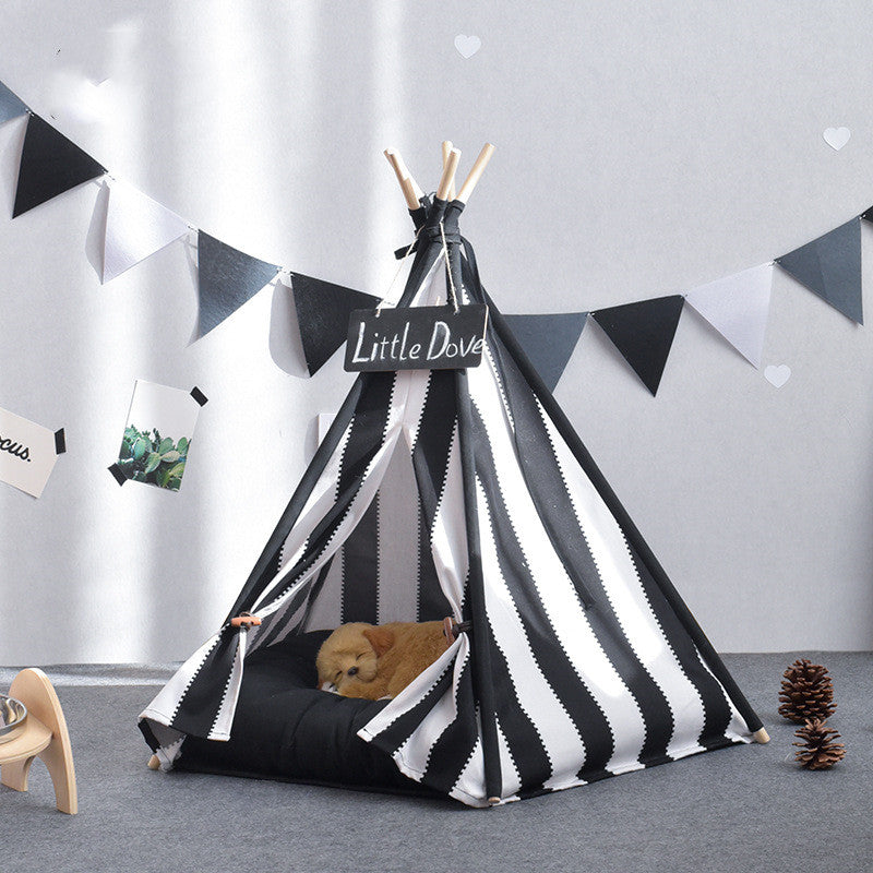 HKM-8301117 Detachable Pet Tent in Black and White Stripes ¨C Cotton Canvas for Small and Large Pets