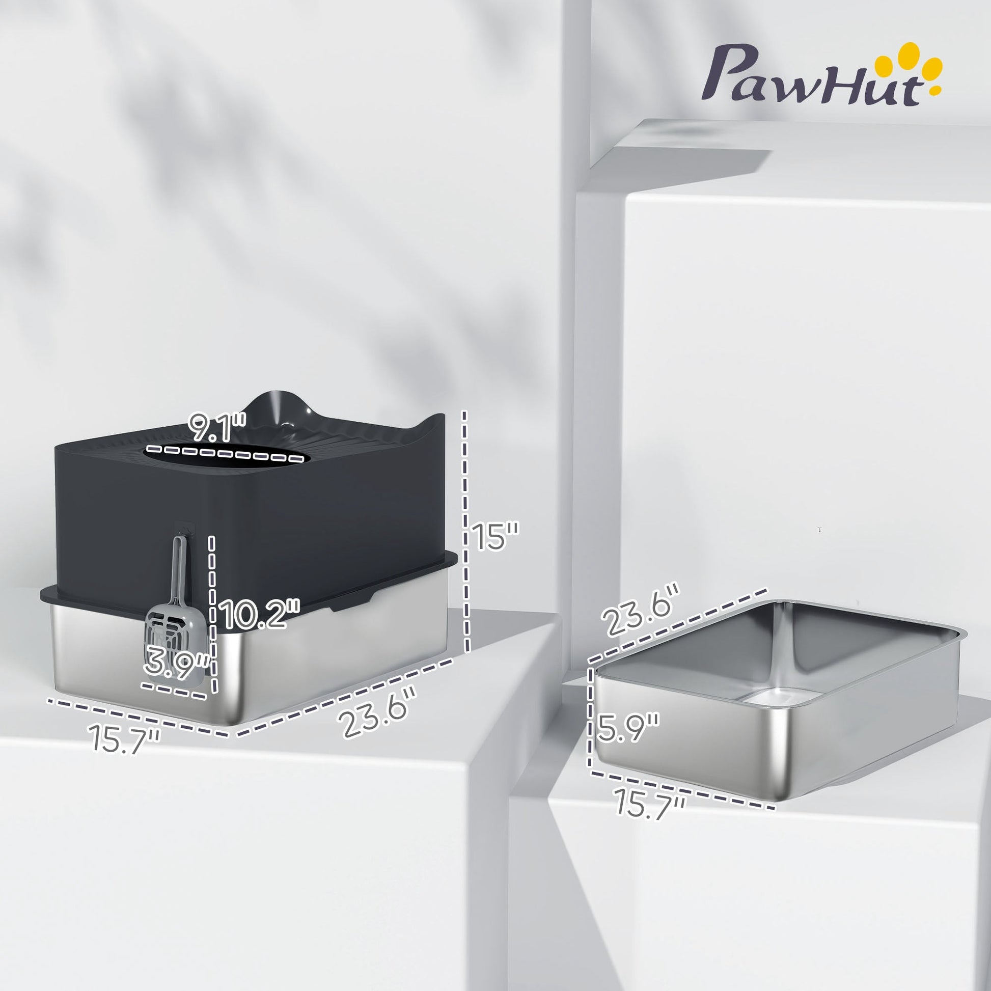 HKM-8302525 Extra Large Enclosed Stainless Steel Cat Litter Box with Scoop and Non-Slip Pads - Top Entry Design, Black