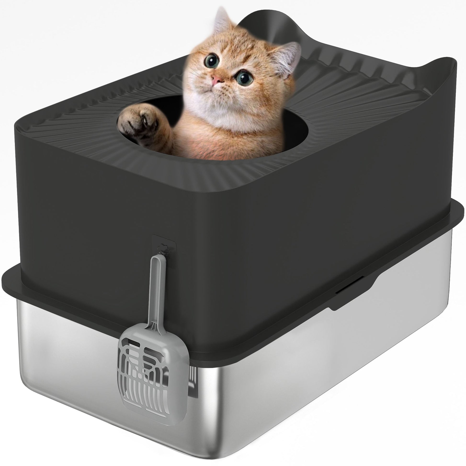 HKM-8302525 Extra Large Enclosed Stainless Steel Cat Litter Box with Scoop and Non-Slip Pads - Top Entry Design, Black