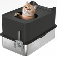 HKM-8302525 Extra Large Enclosed Stainless Steel Cat Litter Box with Scoop and Non-Slip Pads - Top Entry Design, Black