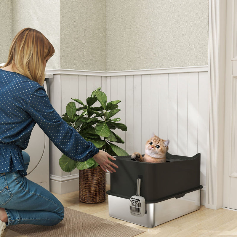 HKM-8302525 Extra Large Enclosed Stainless Steel Cat Litter Box with Scoop and Non-Slip Pads - Top Entry Design, Black