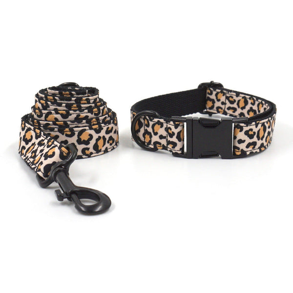 HKM-8302909 Leopard Print Dog Collar and Leash Set with Black Buckle