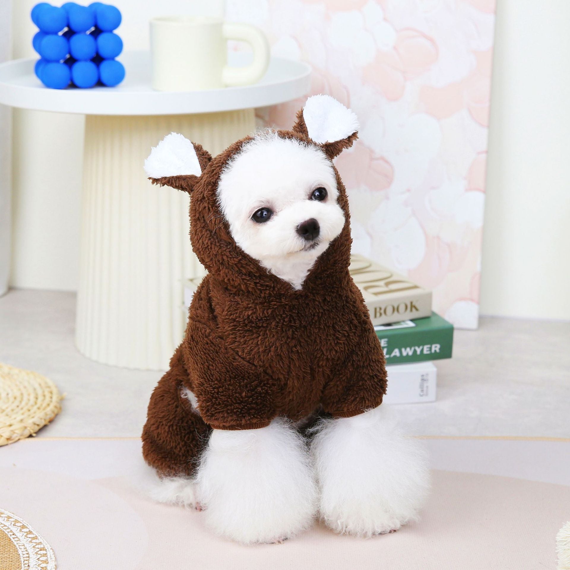 HKM-8307389 Fluffy Polar Fleece Jacket for Dogs in White and Dark Brown, Warm and Cartoon Style
