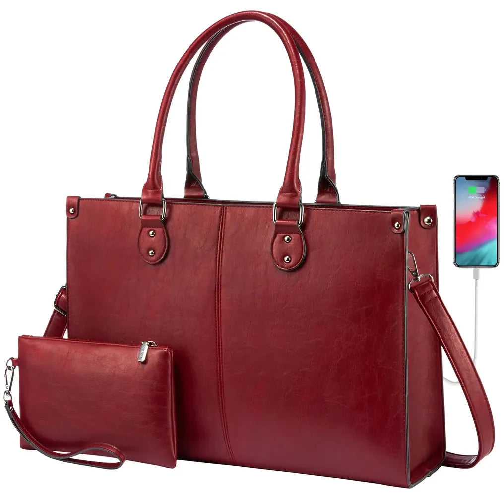 HKM-831059 Luxury Classic PU Leather Business Tote Bag for Women - Stylish Laptop Carrier