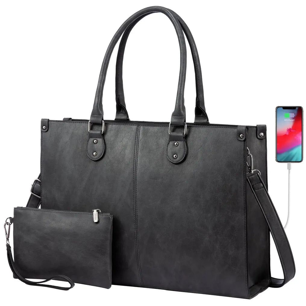 HKM-831059 Luxury Classic PU Leather Business Tote Bag for Women - Stylish Laptop Carrier