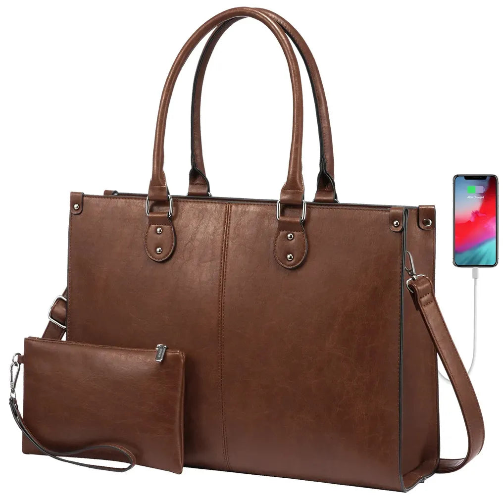 HKM-831059 Luxury Classic PU Leather Business Tote Bag for Women - Stylish Laptop Carrier