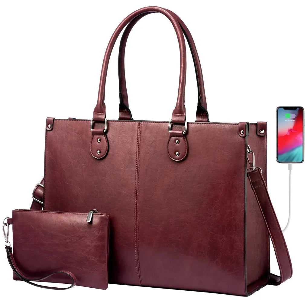 HKM-831059 Luxury Classic PU Leather Business Tote Bag for Women - Stylish Laptop Carrier