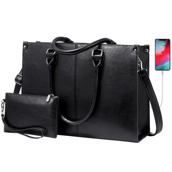 HKM-831059 Luxury Classic PU Leather Business Tote Bag for Women - Stylish Laptop Carrier