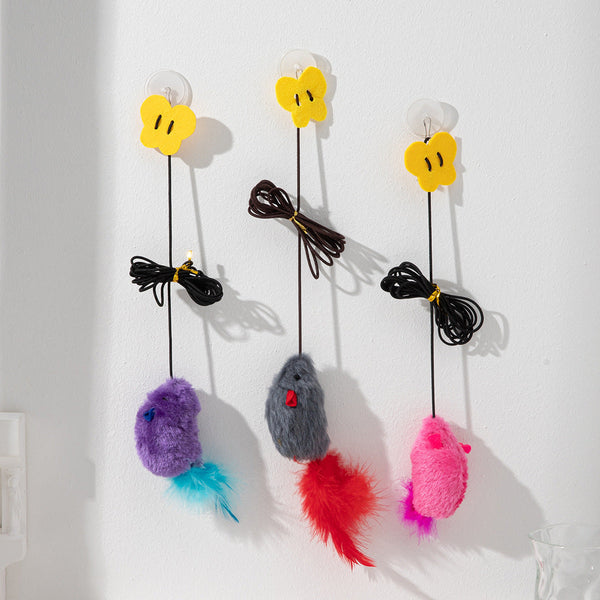 HKM-8313405 Hanging Cat Teaser Toy with Built-In Sound and Butterfly Elastic String in Gray, Pink, and Purple