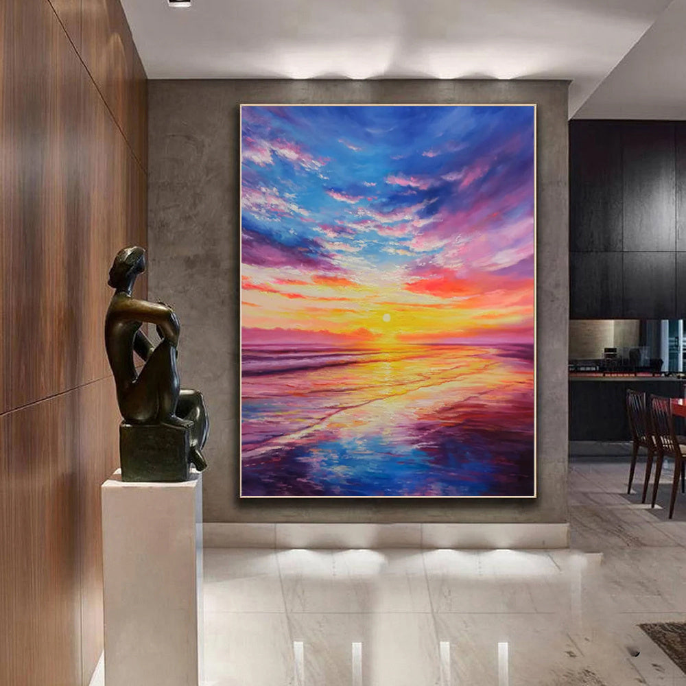 HKM-831443 Vivid Hand-Painted Sunset Seascape Oil Painting on Canvas - Rolled Unstretched Wall Art for Home Decor