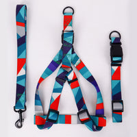 HKM-8315197 Three-Piece Set: Pink/White, Blue/Red, Green/White, Purple/Yellow Dog Leash, Collar, and Harness