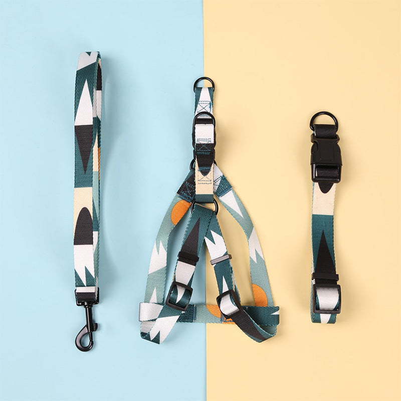 HKM-8315197 Three-Piece Set: Pink/White, Blue/Red, Green/White, Purple/Yellow Dog Leash, Collar, and Harness