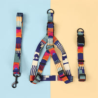 HKM-8315197 Three-Piece Set: Pink/White, Blue/Red, Green/White, Purple/Yellow Dog Leash, Collar, and Harness