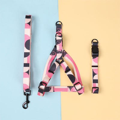 HKM-8315197 Three-Piece Set: Pink/White, Blue/Red, Green/White, Purple/Yellow Dog Leash, Collar, and Harness