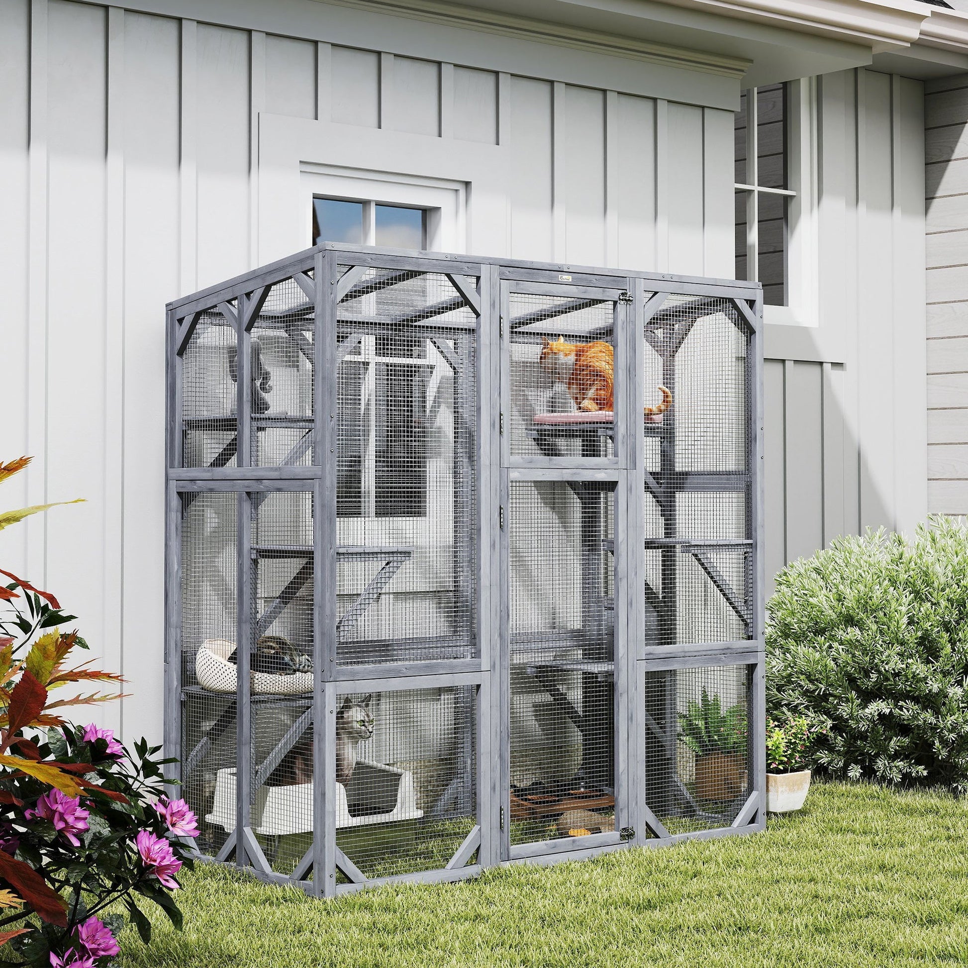 HKM-8316221 Outdoor Wooden Catio with 6 Jumping Platforms and Weatherproof Roof for Cats, 59 X 28 X 60 Inches, Gray
