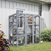 HKM-8316221 Outdoor Wooden Catio with 6 Jumping Platforms and Weatherproof Roof for Cats, 59 X 28 X 60 Inches, Gray