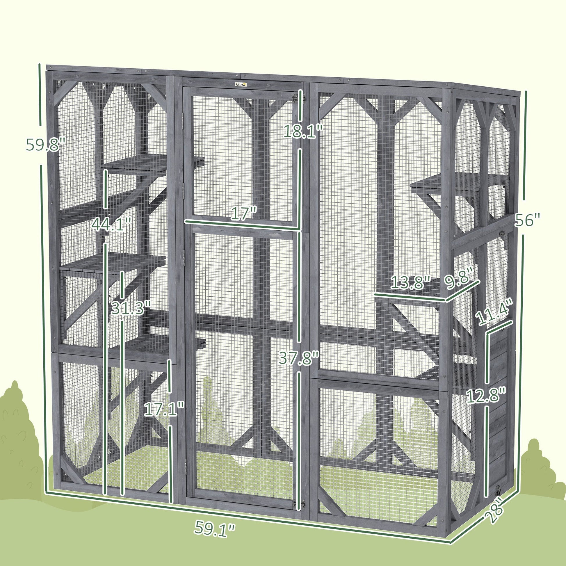 HKM-8316221 Outdoor Wooden Catio with 6 Jumping Platforms and Weatherproof Roof for Cats, 59 X 28 X 60 Inches, Gray