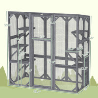 HKM-8316221 Outdoor Wooden Catio with 6 Jumping Platforms and Weatherproof Roof for Cats, 59 X 28 X 60 Inches, Gray