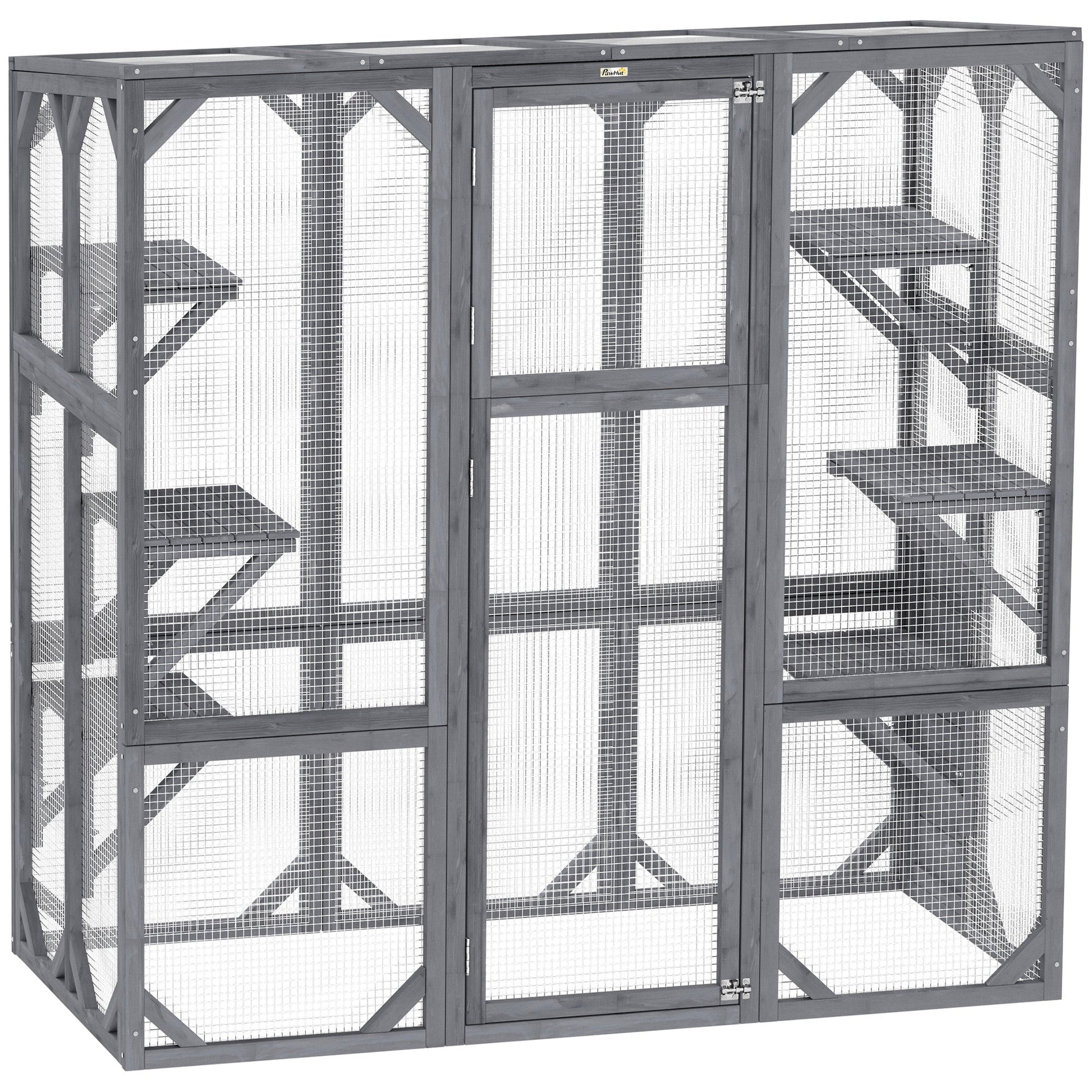HKM-8316221 Outdoor Wooden Catio with 6 Jumping Platforms and Weatherproof Roof for Cats, 59 X 28 X 60 Inches, Gray