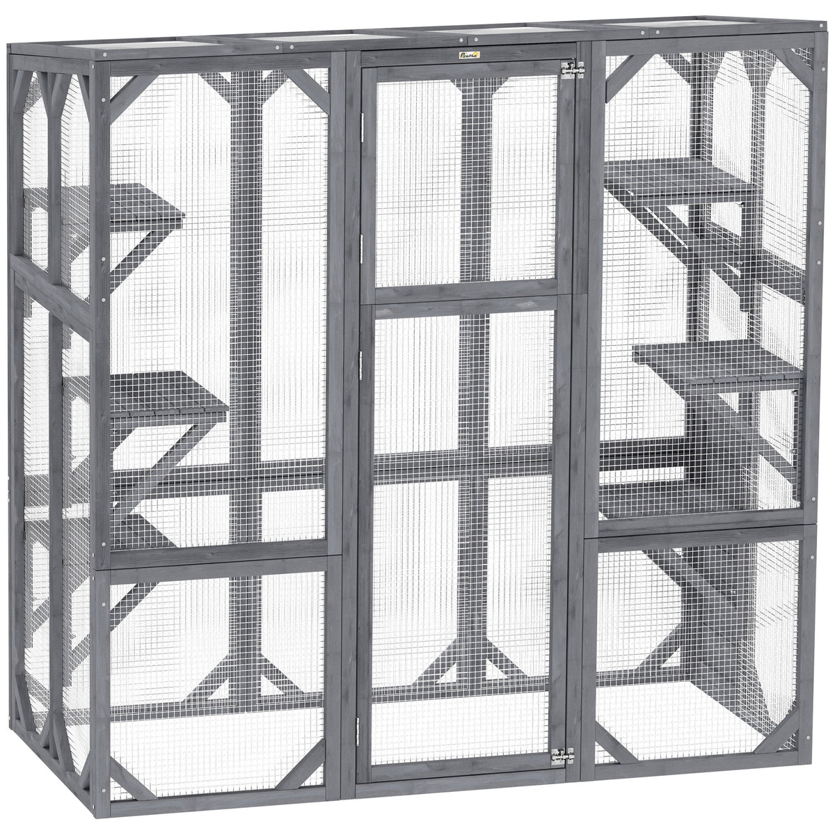 HKM-8316221 Outdoor Wooden Catio with 6 Jumping Platforms and Weatherproof Roof for Cats, 59 X 28 X 60 Inches, Gray