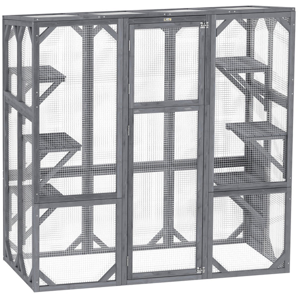 HKM-8316221 Outdoor Wooden Catio with 6 Jumping Platforms and Weatherproof Roof for Cats, 59 X 28 X 60 Inches, Gray