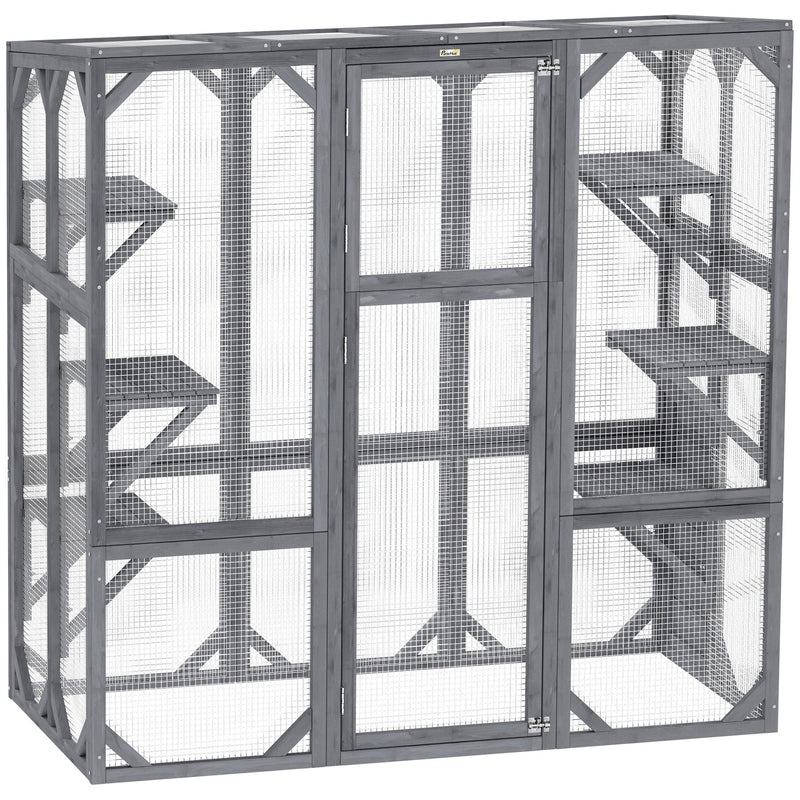 HKM-8316221 Outdoor Wooden Catio with 6 Jumping Platforms and Weatherproof Roof for Cats, 59 X 28 X 60 Inches, Gray