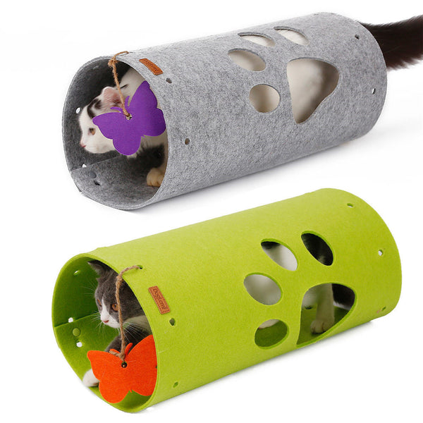 HKM-8317629 Splicable Folding Cat Tunnel - Durable Felt Cloth in Gray and Green, 79x45cm