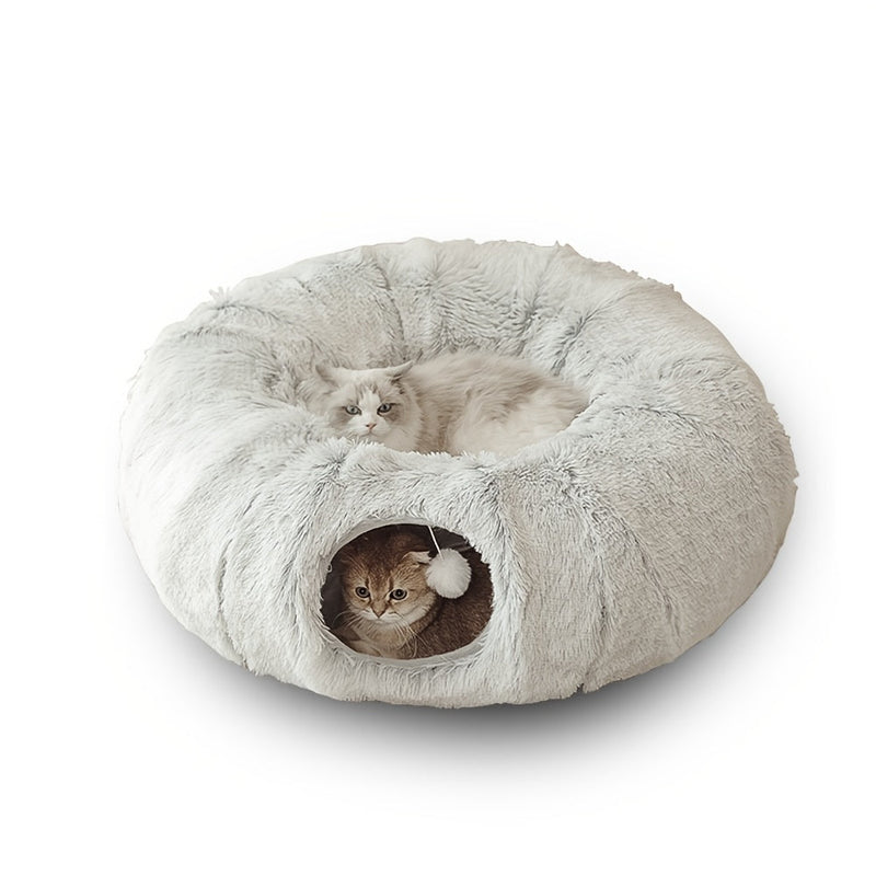 HKM-8319805 Cozy Round Plush Cat Nest Tunnel - Warm, Foldable Pet Kennel for Winter