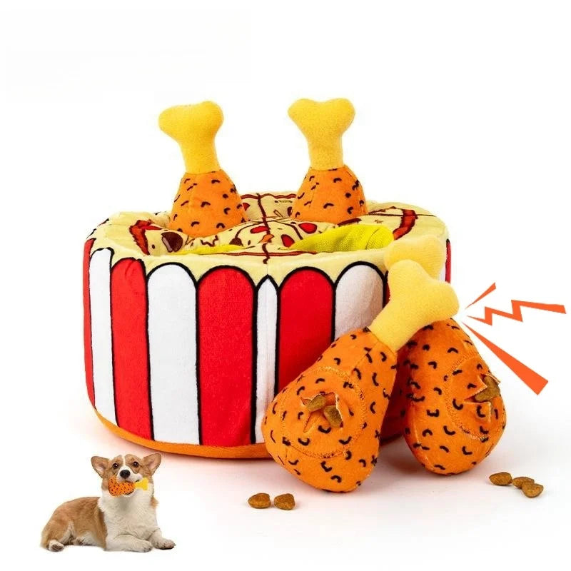 HKM-832019 Plush Squeaky Dog Toys Set - Fried Chicken and Pizza Puzzle Cognitive Enrichment