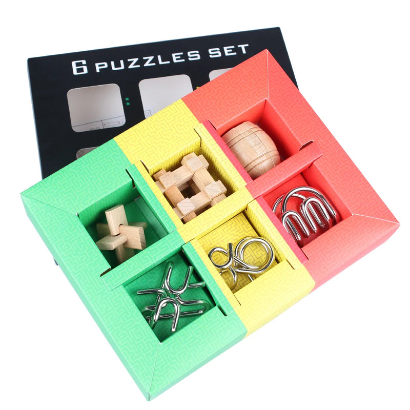 HKM-832083 Wooden & Metal IQ Test Brain Teaser Puzzle - 6 Piece LuBan Lock Assembly Toy for Ages 5 to 7