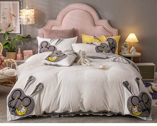 HKM-832659 Coral Velvet Cartoon Anime Duvet Cover Set with Bed Skirt - 4 Pieces in Various Colors