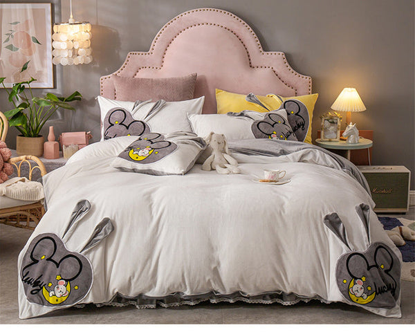 HKM-832659 Coral Velvet Cartoon Anime Duvet Cover Set with Bed Skirt - 4 Pieces in Various Colors