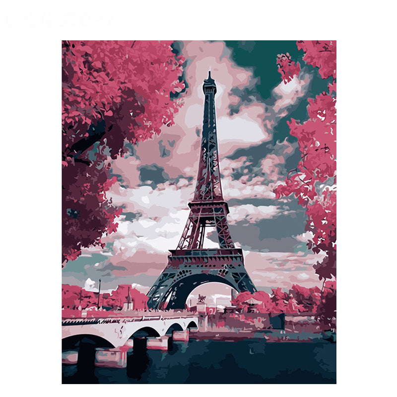 HKM-832659 Frameless Digital Landscape Oil Painting of Red Eiffel Tower - 40x50 cm on Canvas