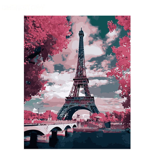 HKM-832659 Frameless Digital Landscape Oil Painting of Red Eiffel Tower - 40x50 cm on Canvas