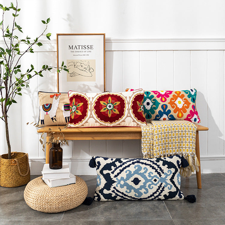 HKM-832723 Bohemian Embroidered Cotton Cushion Cover with Tassels for Home Decor