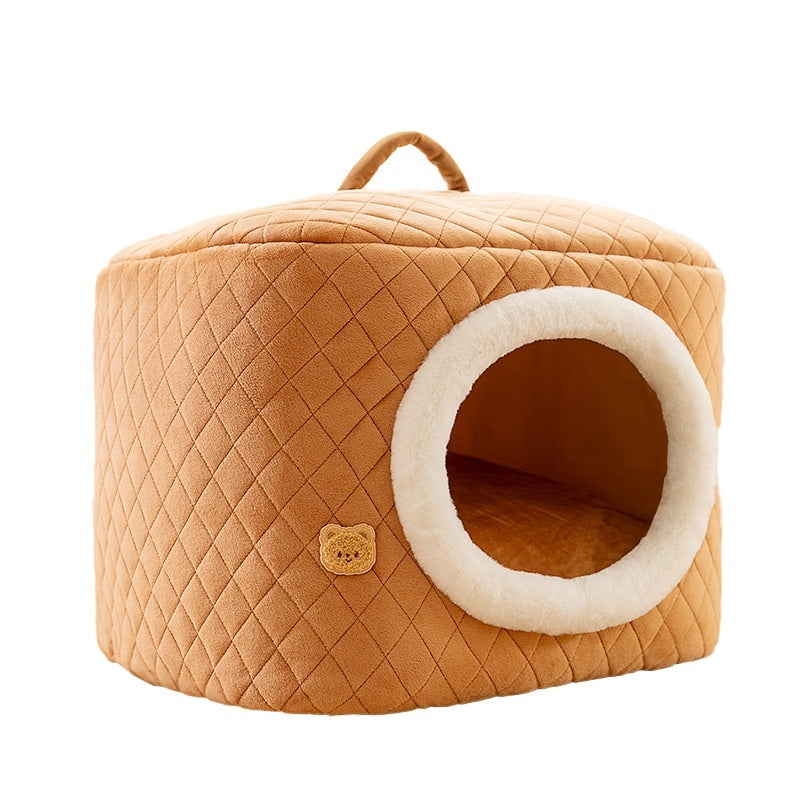 HKM-8328125 Universal Removable and Washable Winter Doghouse in Brown, Yellow, and Blue - Cozy Two-Way Quilting Design for Small to Large Dogs