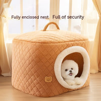 HKM-8328125 Universal Removable and Washable Winter Doghouse in Brown, Yellow, and Blue - Cozy Two-Way Quilting Design for Small to Large Dogs