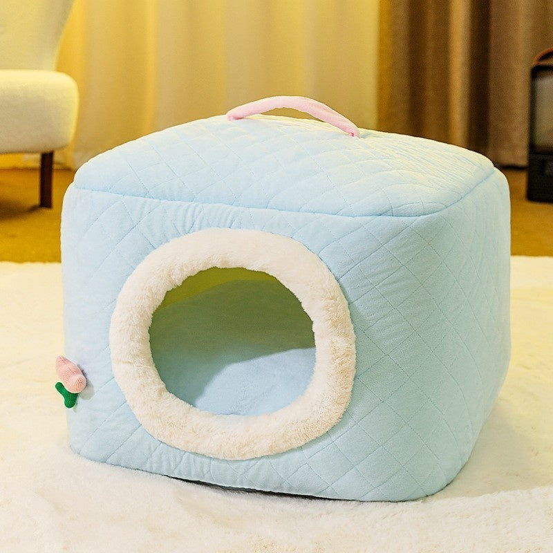 HKM-8328125 Universal Removable and Washable Winter Doghouse in Brown, Yellow, and Blue - Cozy Two-Way Quilting Design for Small to Large Dogs